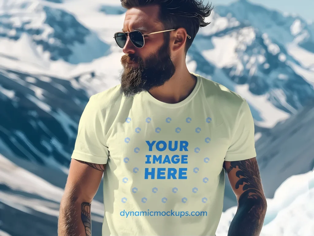 Man Wearing Cream T-shirt Mockup Front View Template