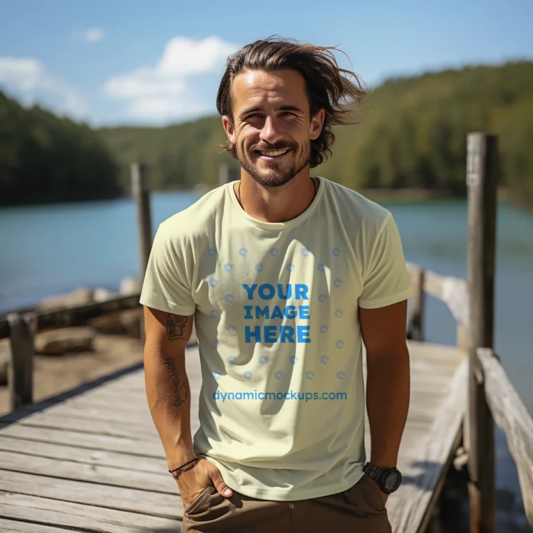 Man Wearing Cream T-shirt Mockup Front View Template