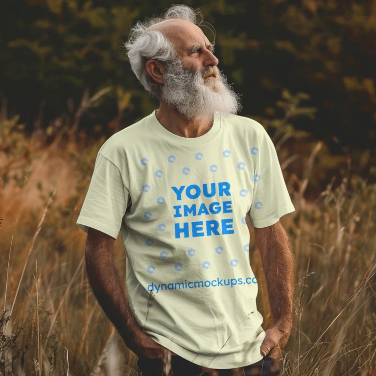 Man Wearing Cream T-shirt Mockup Front View Template