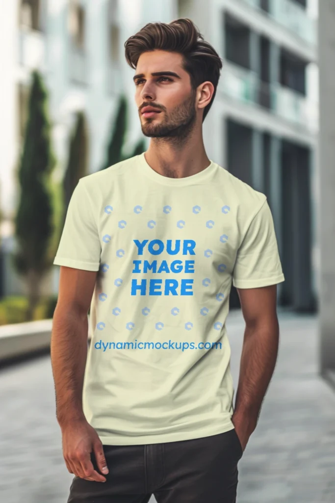 Man Wearing Cream T-shirt Mockup Front View Template