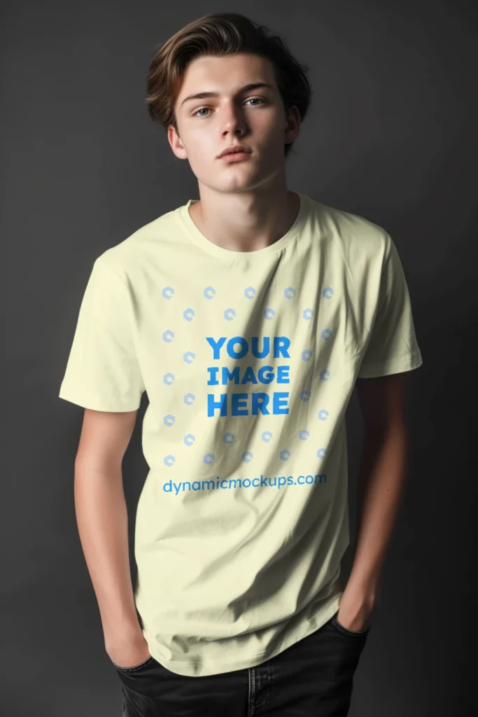 Man Wearing Cream T-shirt Mockup Front View Template