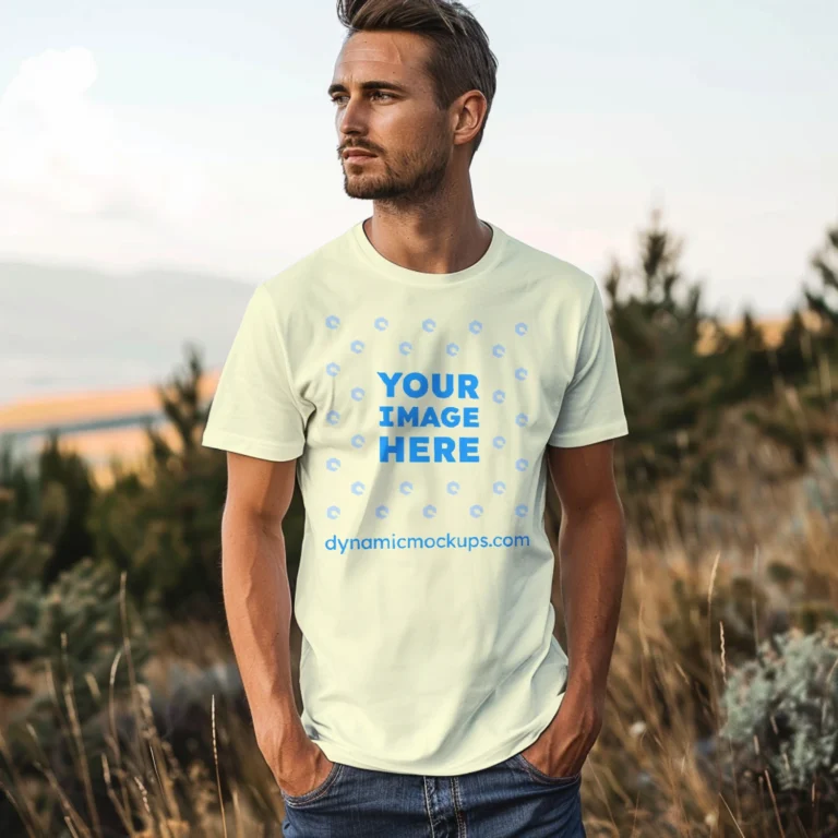 Man Wearing Cream T-shirt Mockup Front View Template