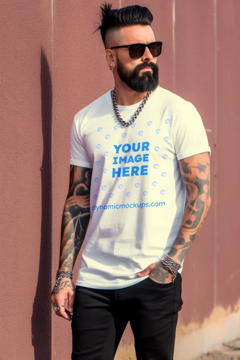 Man Wearing Cream T-shirt Mockup Front View Template