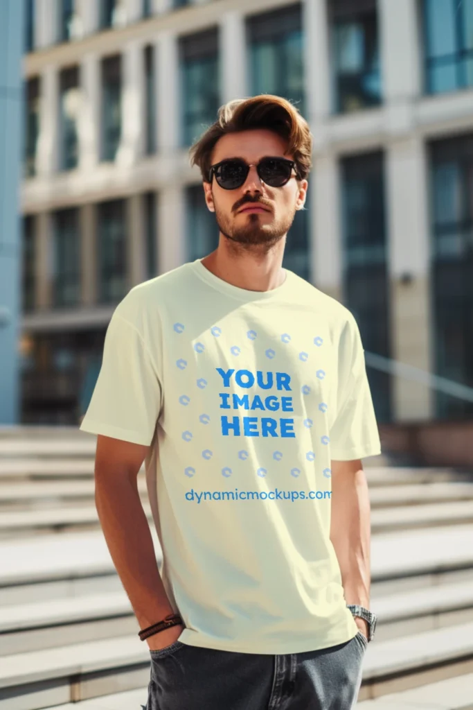 Man Wearing Cream T-shirt Mockup Front View Template