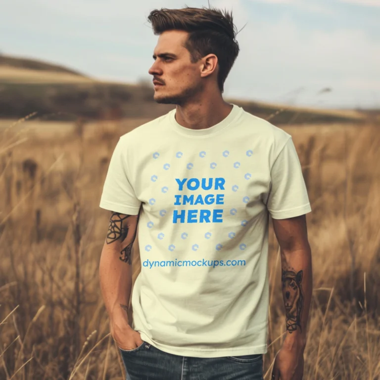 Man Wearing Cream T-shirt Mockup Front View Template