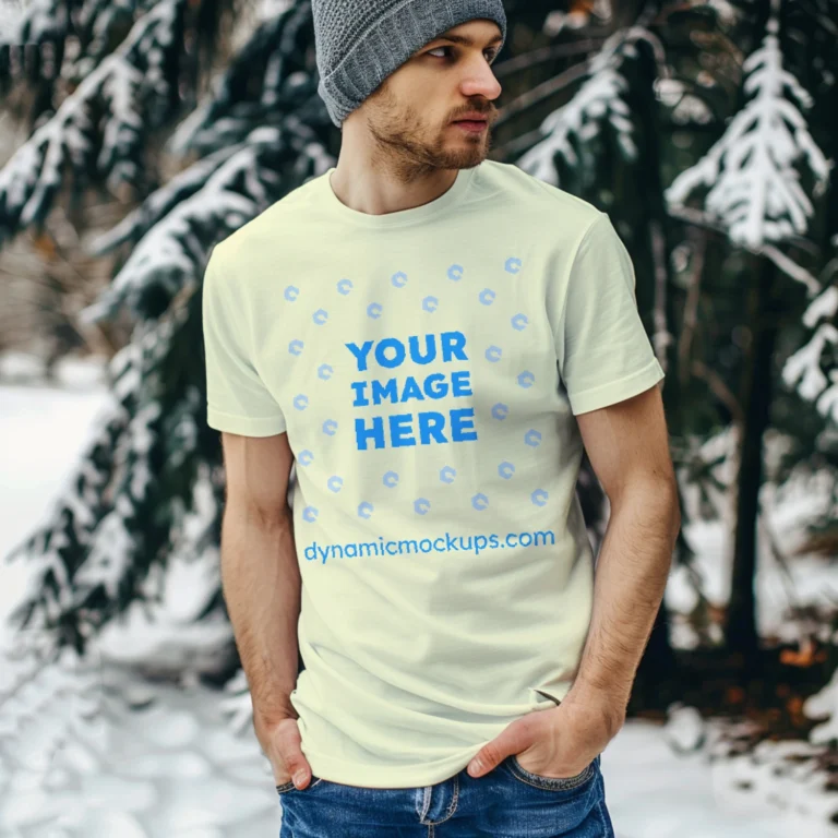 Man Wearing Cream T-shirt Mockup Front View Template