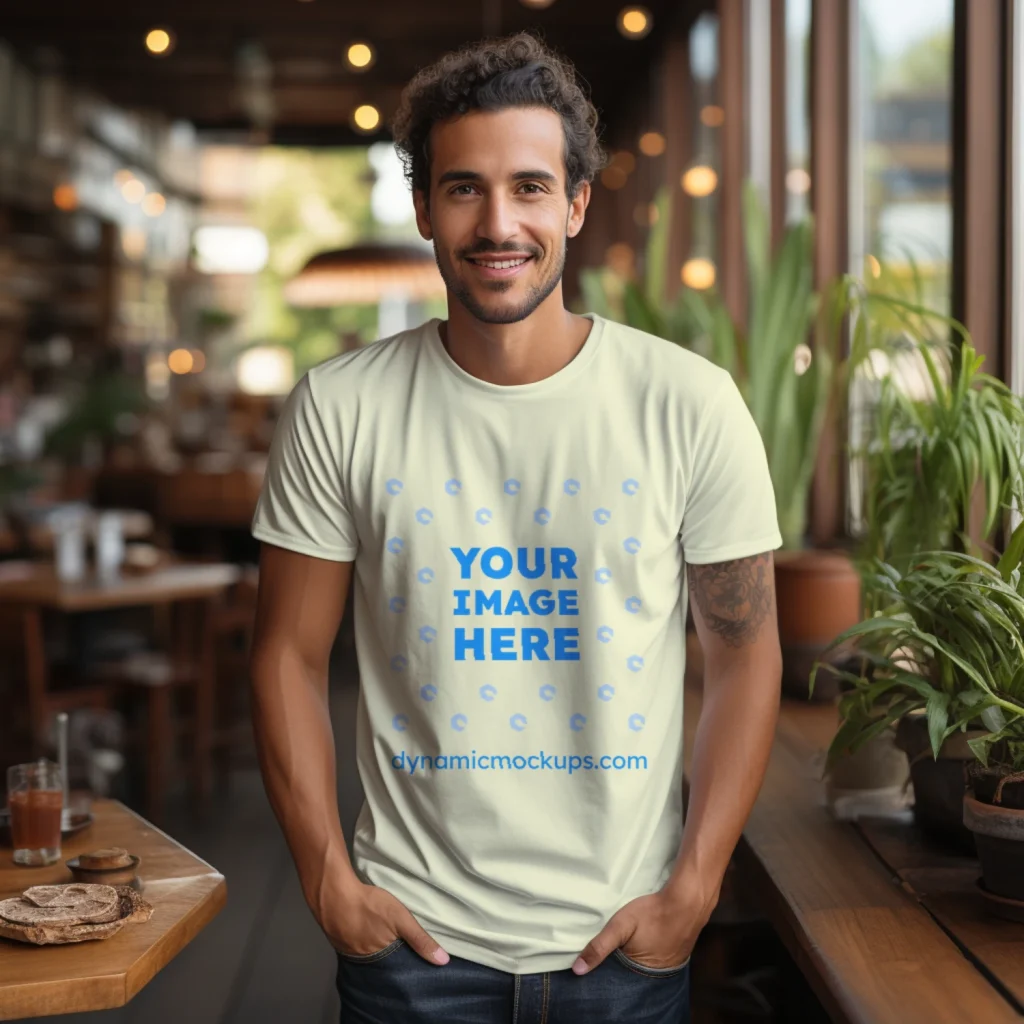 Man Wearing Cream T-shirt Mockup Front View Template