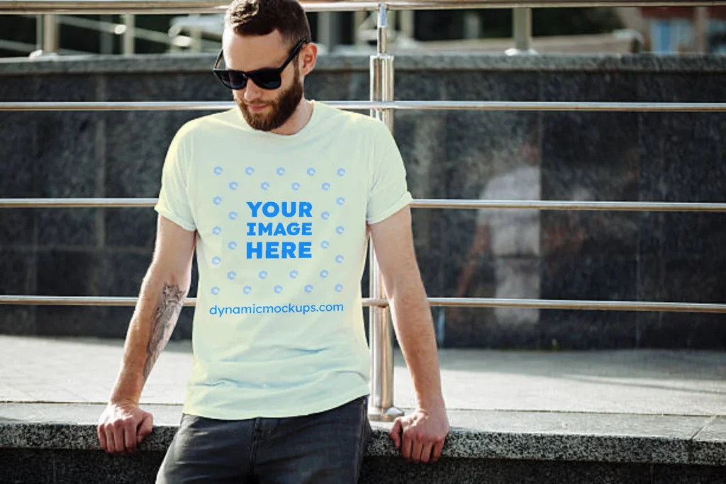 Man Wearing Cream T-shirt Mockup Front View Template