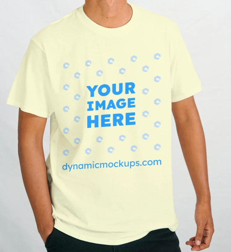 Man Wearing Cream T-shirt Mockup Front View Template