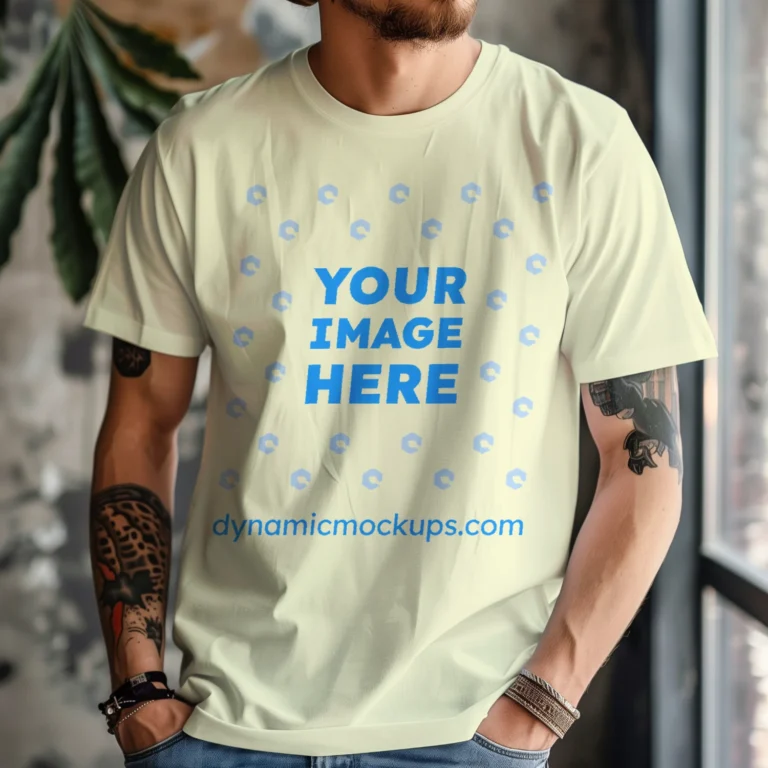 Man Wearing Cream T-shirt Mockup Front View Template