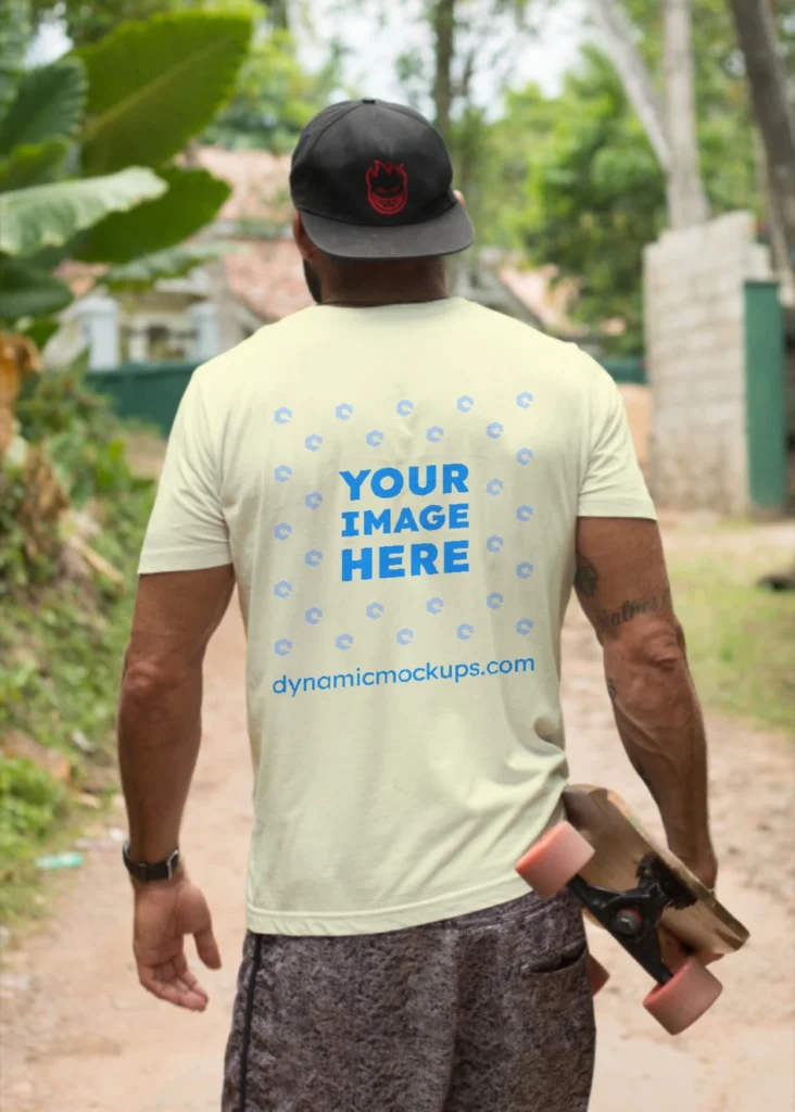 Man Wearing Cream T-shirt Mockup Back View Template