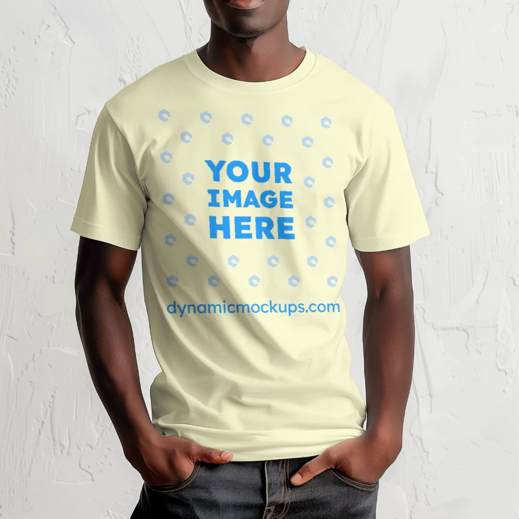 Man Wearing Cream T-shirt Mockup Front View Template