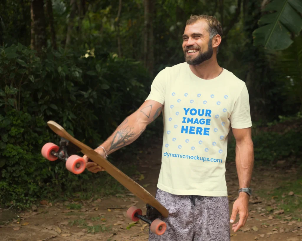 Man Wearing Cream T-shirt Mockup Front View Template