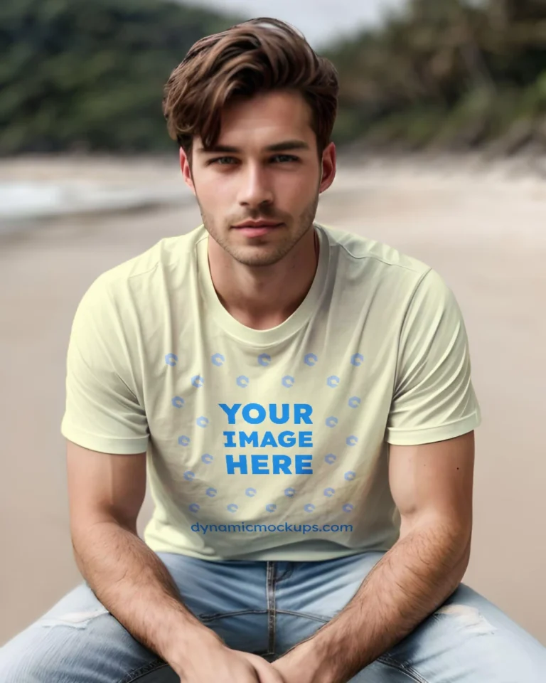 Man Wearing Cream T-shirt Mockup Front View Template