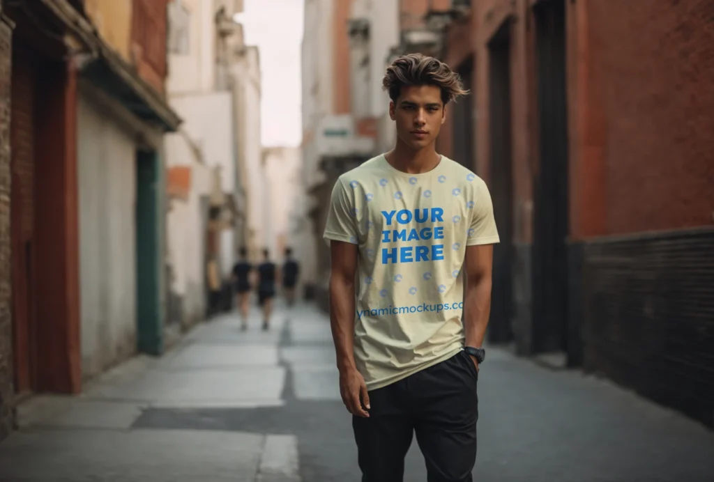 Man Wearing Cream T-shirt Mockup Front View Template