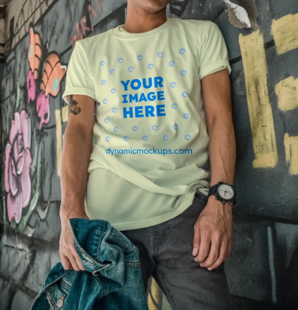 Man Wearing Cream T-shirt Mockup Front View Template