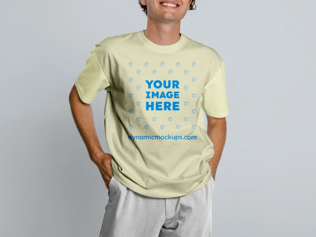 Man Wearing Cream T-shirt Mockup Front View Template