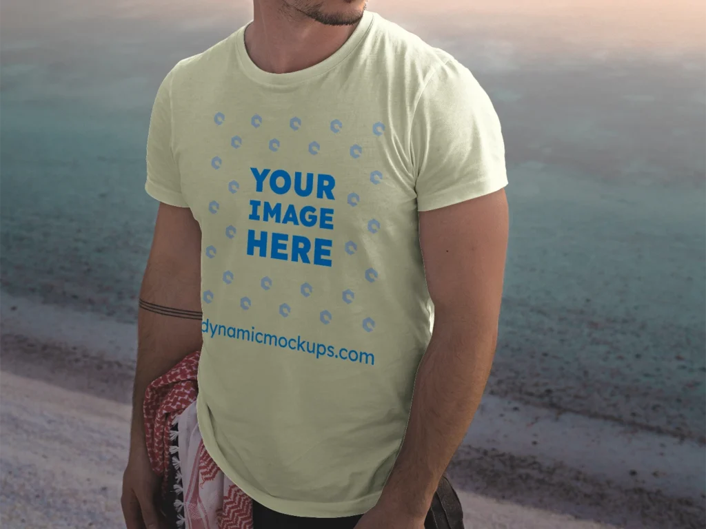 Man Wearing Cream T-shirt Mockup Front View Template