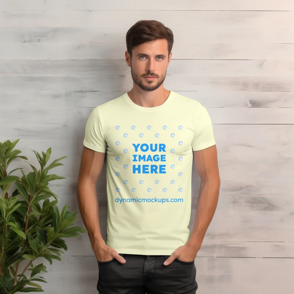 Man Wearing Cream T-shirt Mockup Front View Template