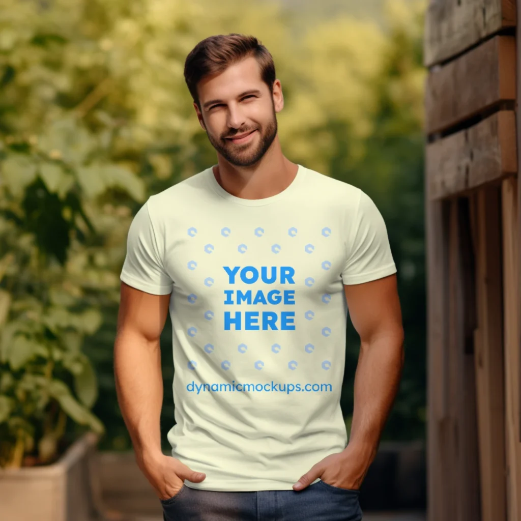 Man Wearing Cream T-shirt Mockup Front View Template