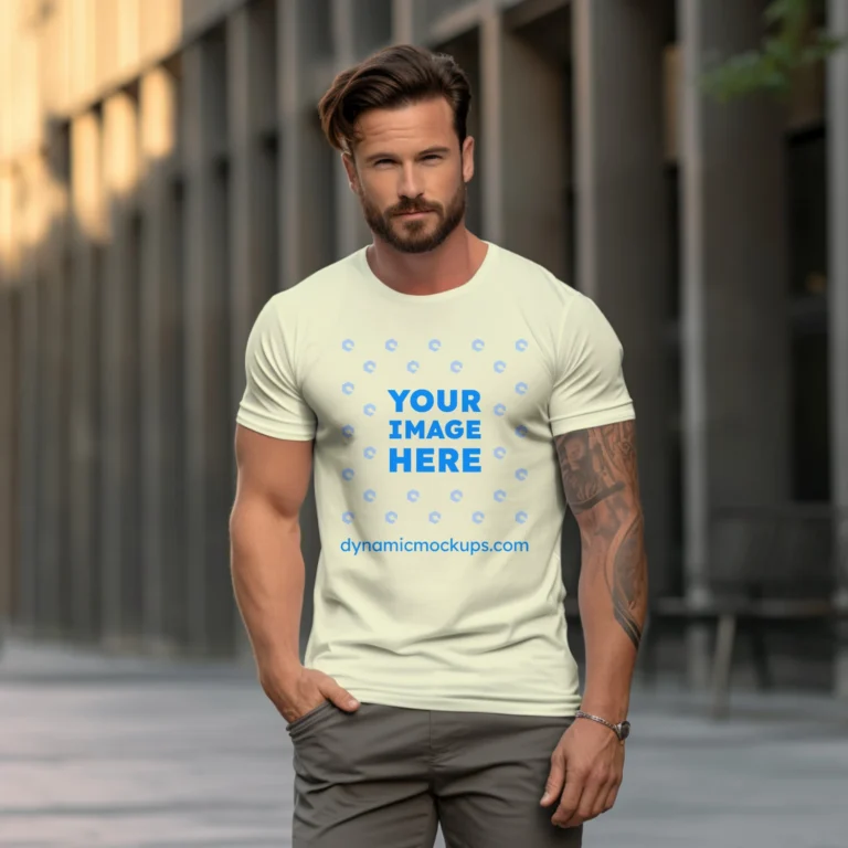 Man Wearing Cream T-shirt Mockup Front View Template