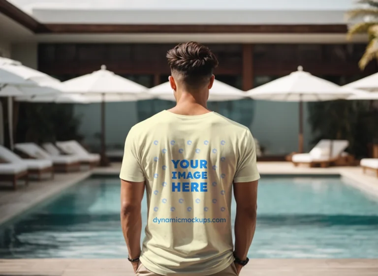 Man Wearing Cream T-shirt Mockup Back View Template