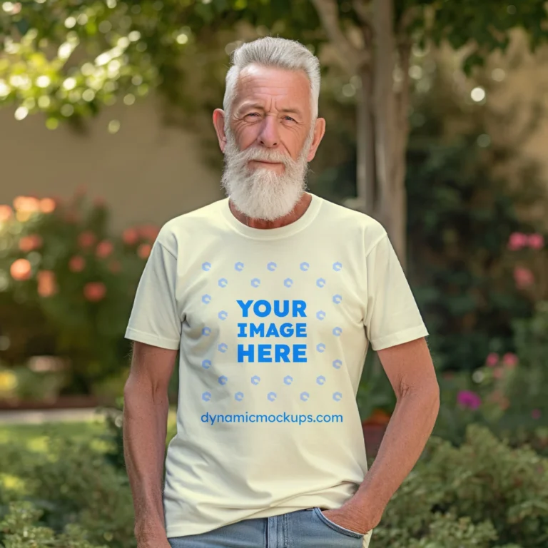 Man Wearing Cream T-shirt Mockup Front View Template