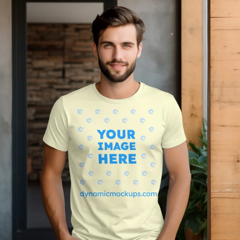 Man Wearing Cream T-shirt Mockup Front View Template