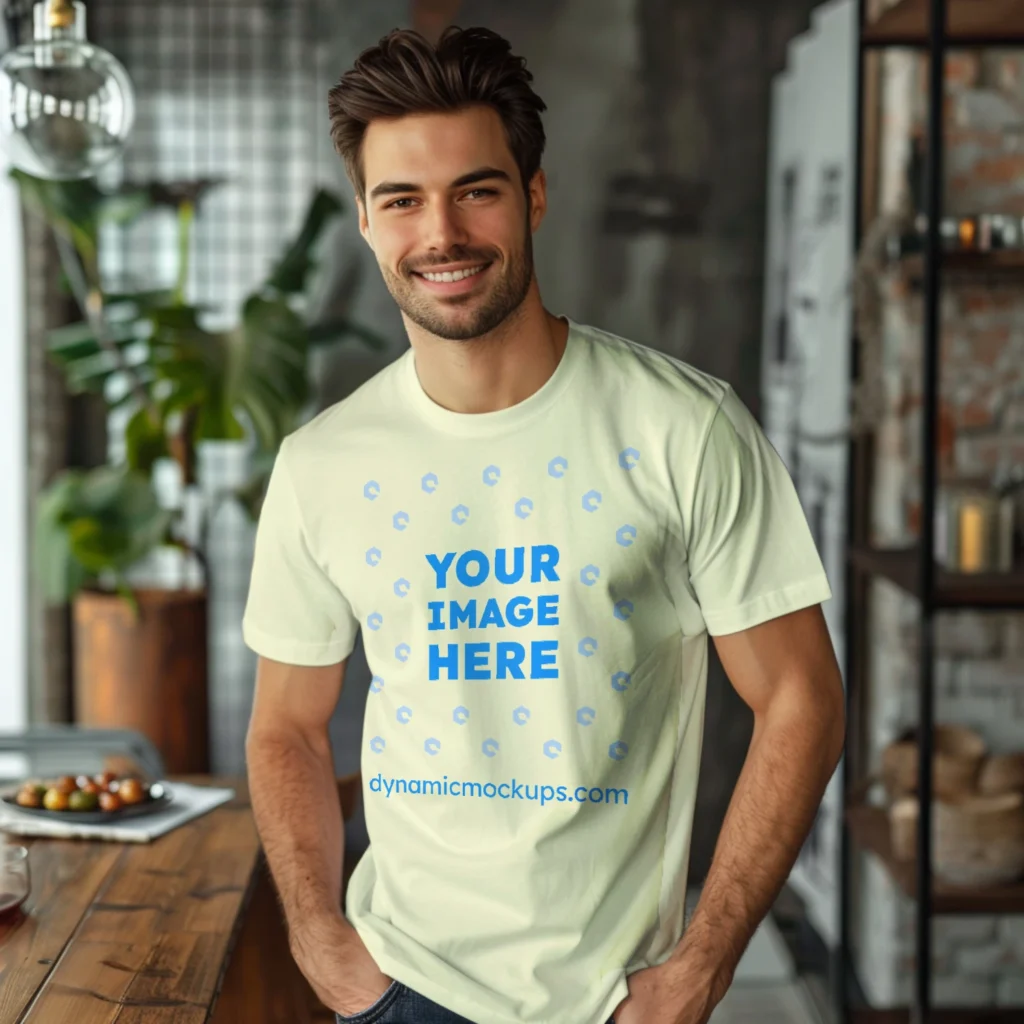 Man Wearing Cream T-shirt Mockup Front View Template