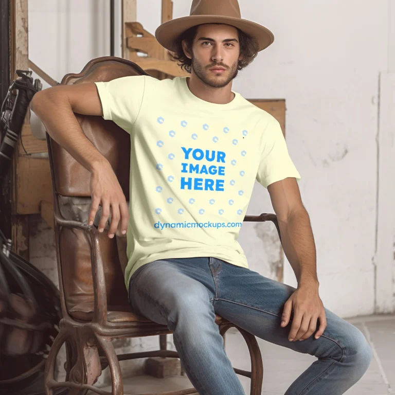 Man Wearing Cream T-shirt Mockup Front View Template