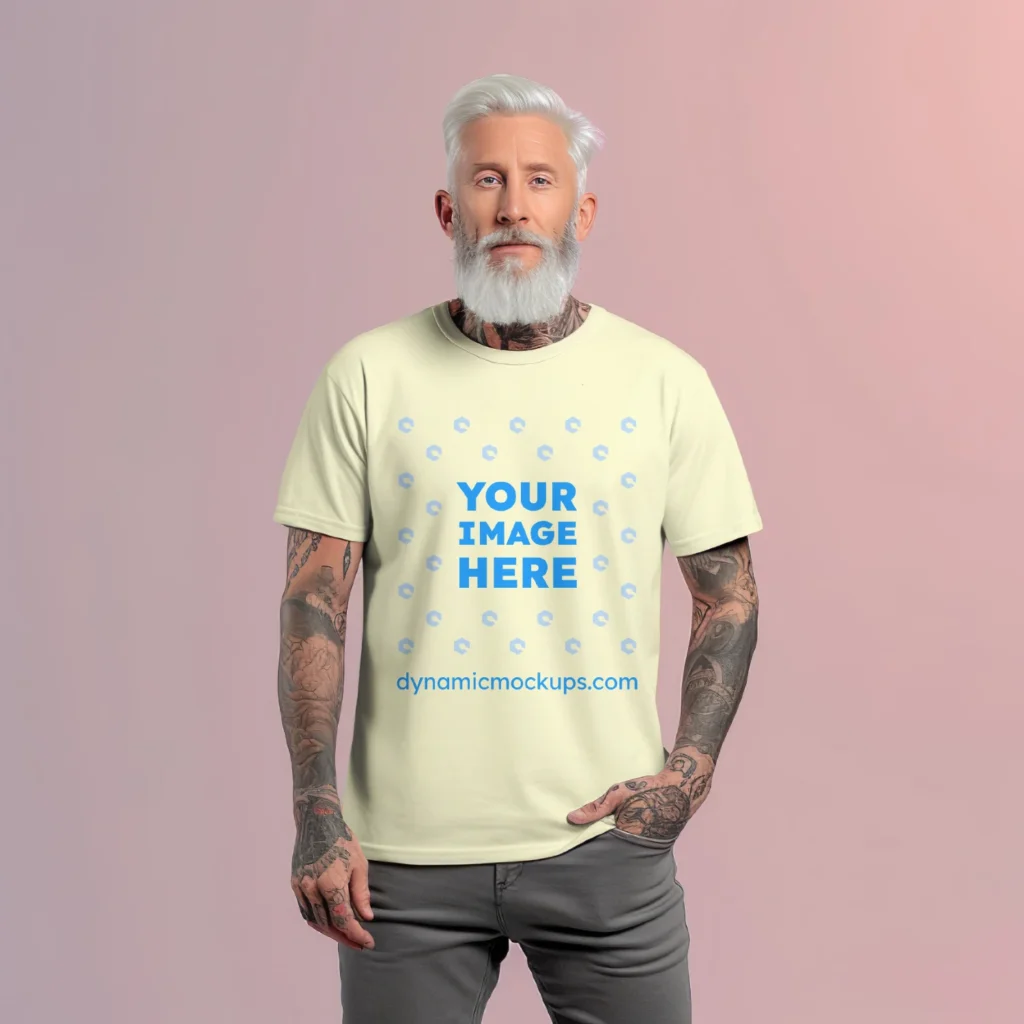 Man Wearing Cream T-shirt Mockup Front View Template