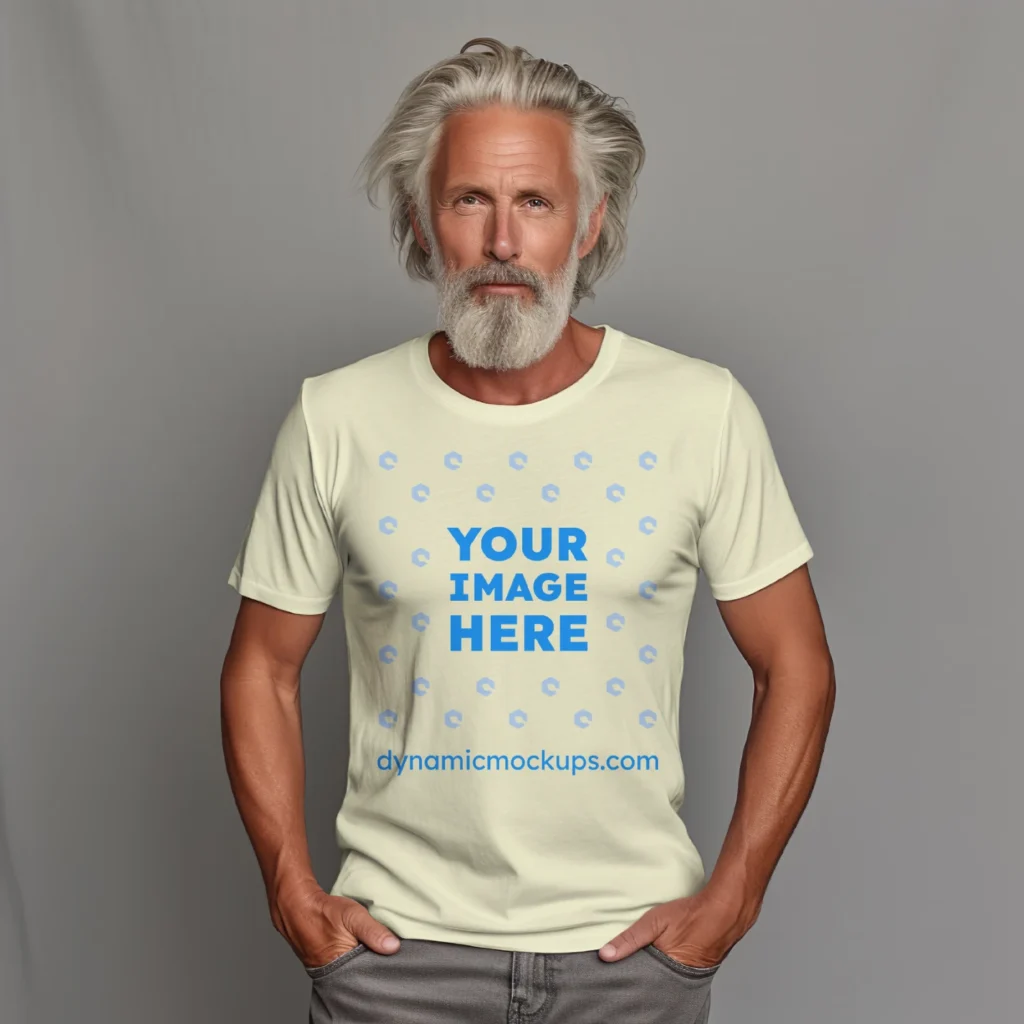 Man Wearing Cream T-shirt Mockup Front View Template