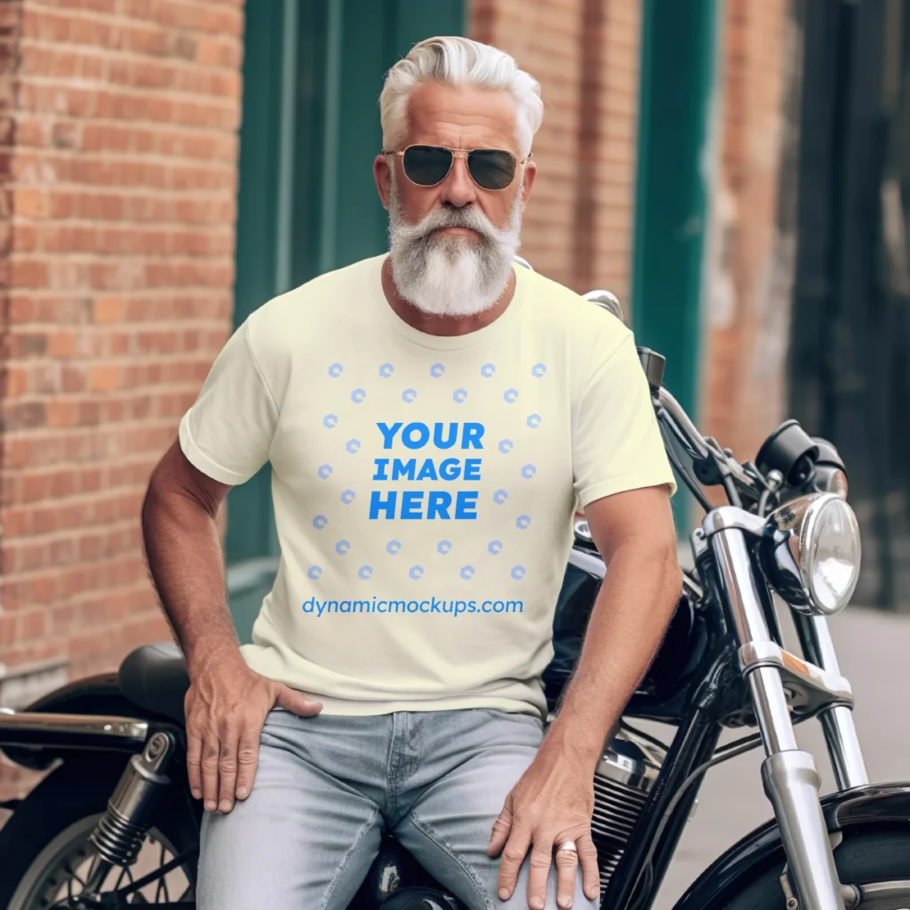 Man Wearing Cream T-shirt Mockup Front View Template