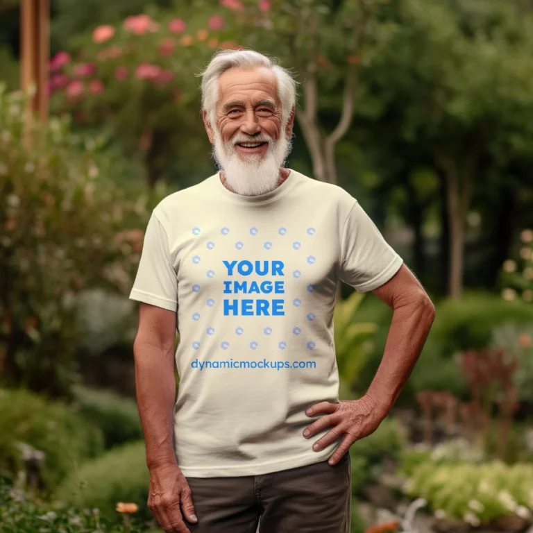 Man Wearing Cream T-shirt Mockup Front View Template