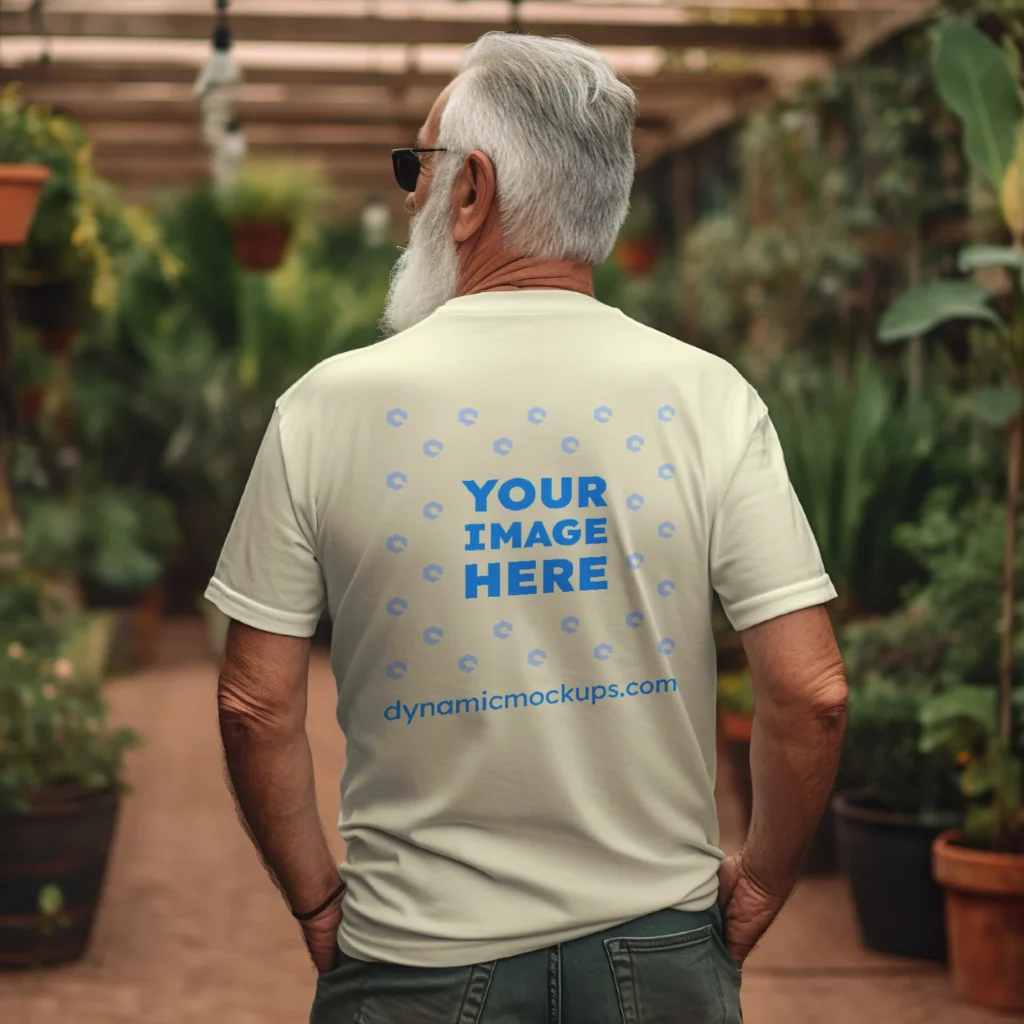 Man Wearing Cream T-shirt Mockup Back View Template