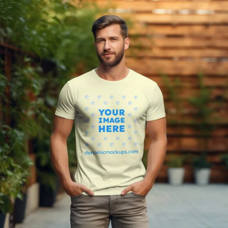 Man Wearing Cream T-shirt Mockup Front View Template