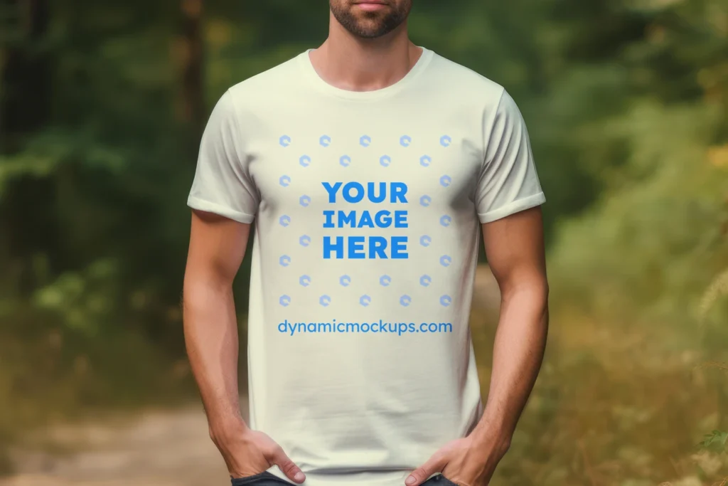 Man Wearing Cream T-shirt Mockup Front View Template