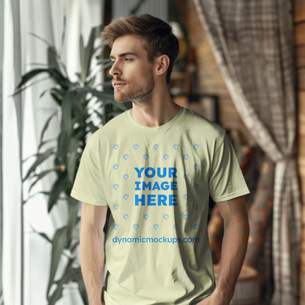 Man Wearing Cream T-shirt Mockup Front View Template