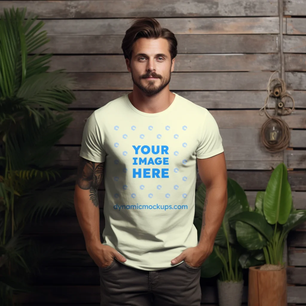 Man Wearing Cream T-shirt Mockup Front View Template