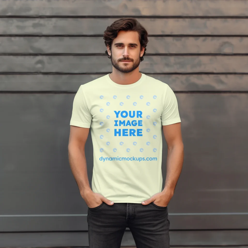 Man Wearing Cream T-shirt Mockup Front View Template