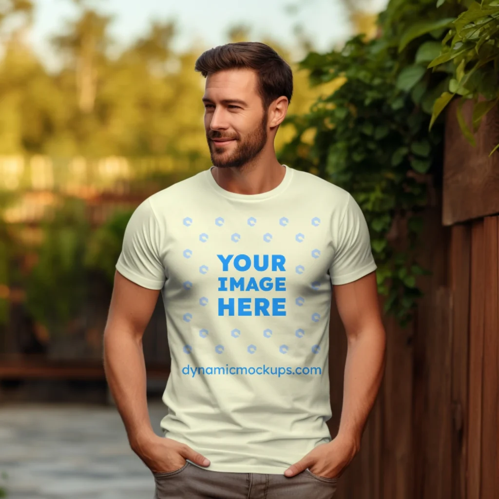 Man Wearing Cream T-shirt Mockup Front View Template