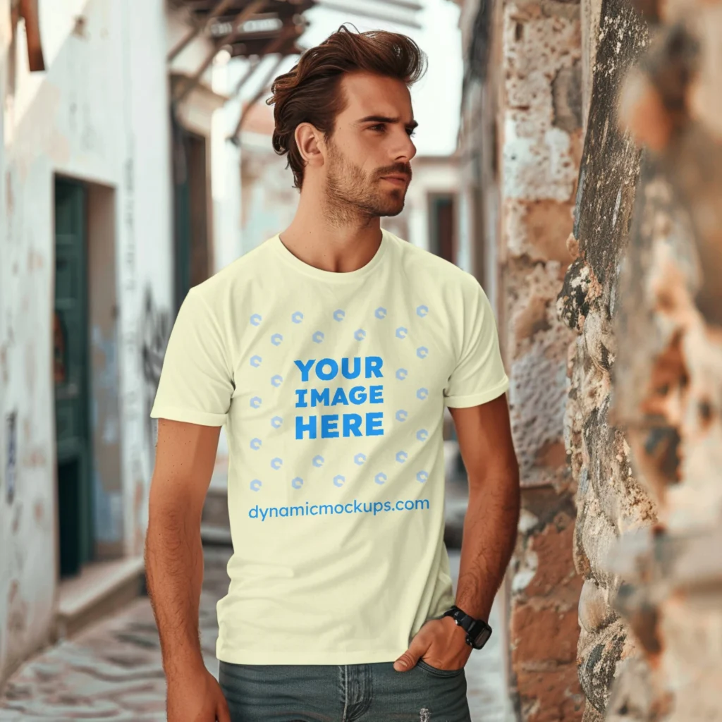 Man Wearing Cream T-shirt Mockup Front View Template