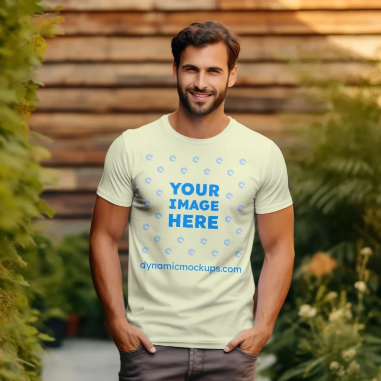 Man Wearing Cream T-shirt Mockup Front View Template