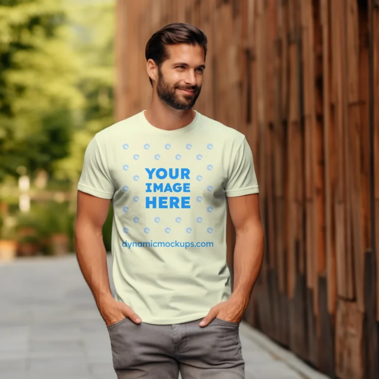 Man Wearing Cream T-shirt Mockup Front View Template