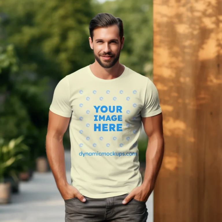 Man Wearing Cream T-shirt Mockup Front View Template