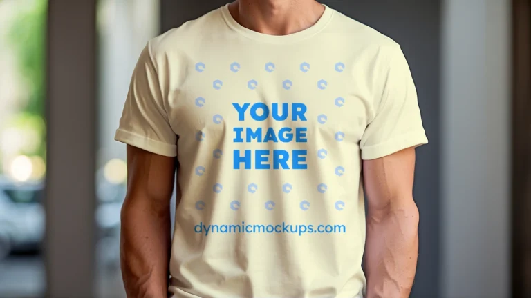 Man Wearing Cream T-shirt Mockup Front View Template