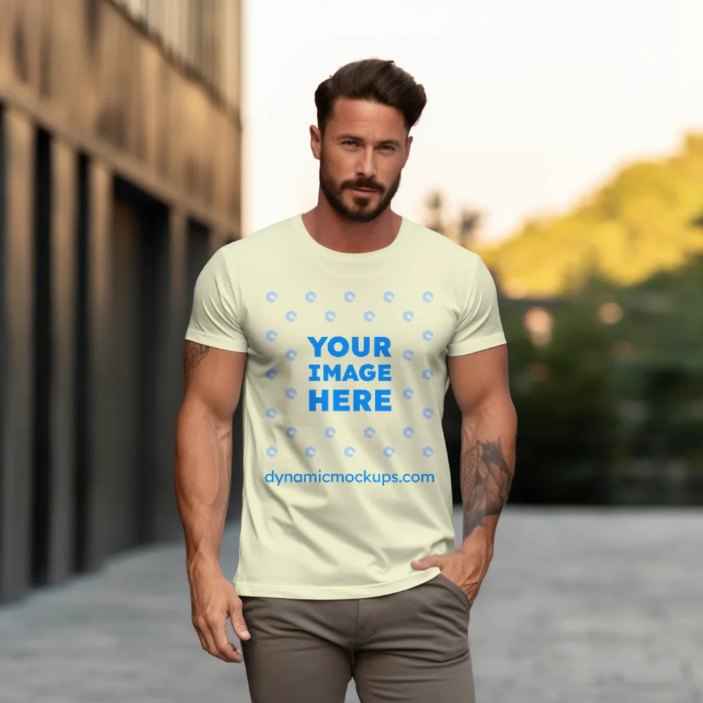 Man Wearing Cream T-shirt Mockup Front View Template