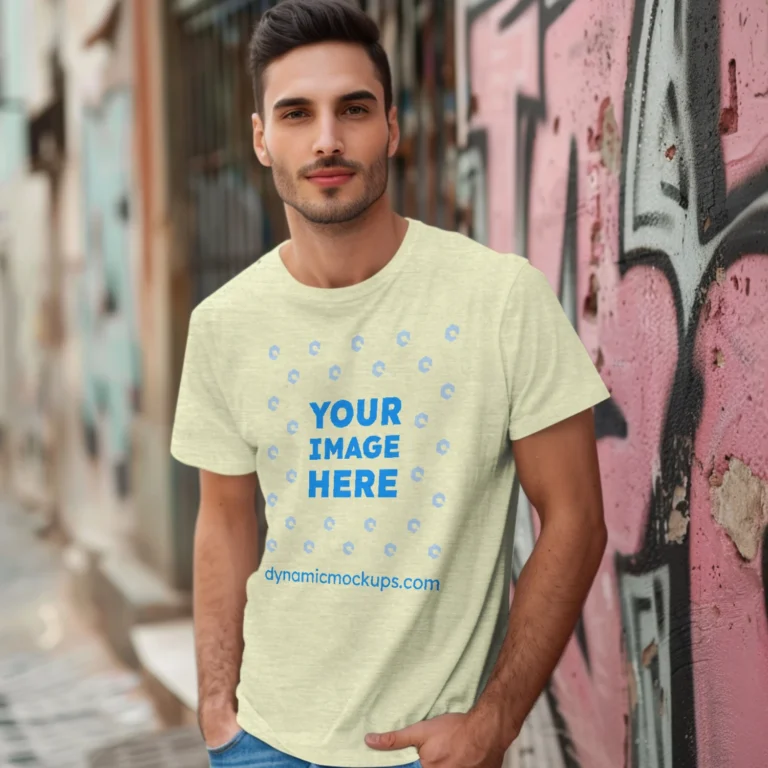 Man Wearing Cream T-shirt Mockup Front View Template