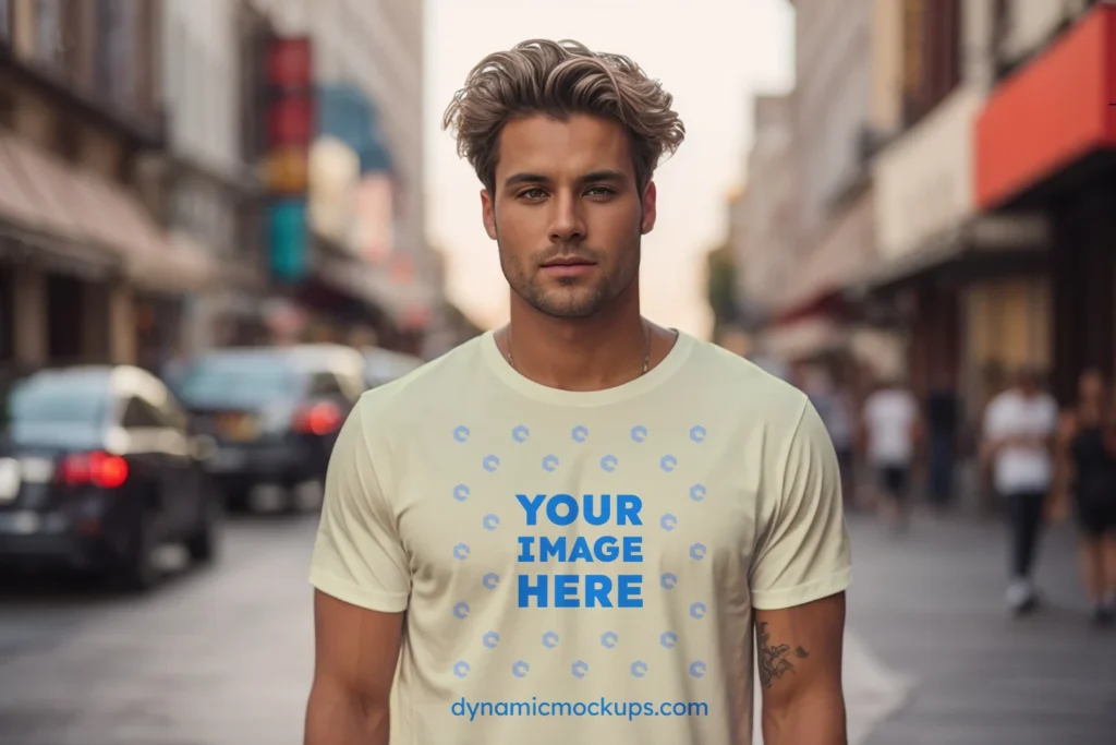 Man Wearing Cream T-shirt Mockup Front View Template