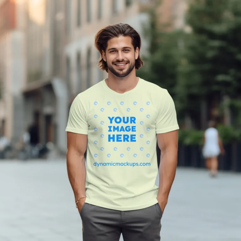 Man Wearing Cream T-shirt Mockup Front View Template